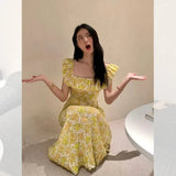 Vintage Floral Midi Dress Women Sweet Print Square Neck A Line Dresses Korean Vacation Yellow Flying Sleeves Slim