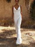 Spaghetti Strap Metal Zipper Back Open Satin Maxi Dress Long White Tunic Women Summer Clothes Elegant Party Dresses