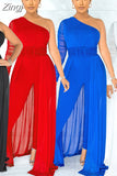 Women Fashion Elegant Casual One Shoulder Plain Sheer Mesh Jumpsuit Long Sleeve Chic Mesh Solid Elegance