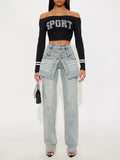 Early Autumn New Hottie Fake Two Low-Waisted Hip Jeans Female Cat Must Wash The Water