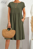 Neck Elegant Simple Short Sleeve Dress Summer Fashion Casual Dress for Women Cotton Linen Dresses 2023 Office Lady Robe