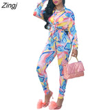 Femme Print Jacket & Trousers Office Lady Outfits Autumn Women two Pieces set Chain Print Button Coat & Pants Suit