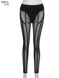 Sexy See Through Mesh Leggings Women Trend Striped Patchwork Briefs Waistband Fitness Pencil Trousers Female