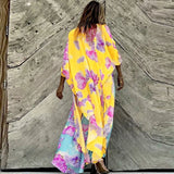 Boho Parrot Printed Front Open Summer Beach Dress Sexy White Chiffon Tunic Women Plus Size Beachwear Long Kimono Dress