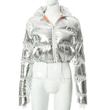 Thick Bubble Coat Reflective Women Zipper Fly Turtleneck Crop Jacket 2022 Winter Puff Windbreaker Silver Parkas
