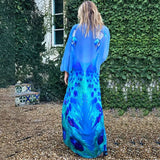 Boho Peacock Printed Front Open Kimono Dress Sexy Blue Chiffon Tunic Women Summer Clothing Plus Size Beach Dresses