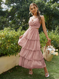 Backless layer ruffle lace up party dress women Summer sexy frills v-neck maxi dresses Spaghetti straps elegant