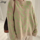 Streetwear Women Vintage Leopard Sweaters Pullovers Autumn Winter Fashion Harajuku Loose O-Neck Lazy Wind Korean Y2k