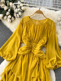 Autumn Women Irregular Ruffle Draped Midi Dress Vintage Yellow/Blue/Red O-Neck Puff Long Sleeve Vacation Beach Robe