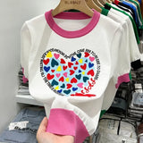 Large 2XL Comfort Cotton Knitted T Shirts Cute Love Heart Print Graphic Tee Korean Japan Fashion Office Ladies Tops