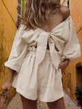 Woman 2 Pieces Summer New Solid Color Ladies Cotton Linen Cardigan Plus Shorts Suit Fashionable Sexy Street Women's