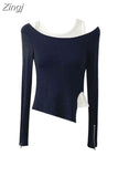 Style Woman Black Long Sleeve Slim Crop top Casual Fashion And Vest Fake Two Pieces Top 2023 Autumn New Temperament