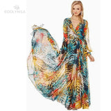 Leaf Printing Deep V-Neck Dress 2022 Spring/Autumn Women Beachwear Plus Size Half Sleeve Side Split Long Dresses