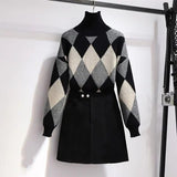 winter Warm 2 Pieces Sets Womens Outfits Korean Woolen Knitted Plaid Turtleneck Sweater And Black Skirts Suits Ropa