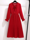 Women Dress Chiffon Elegant Vintage Bow Collar Long Sleeve Autumn Winter Midi Shirt Dresses 2023 Solid Slim Clothes