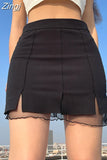 Korean Fashion Frill Mesh Patchwork Black Mini Skirt Summer Solid Split Casual Bodycon Women's Skirts Short Cute