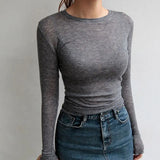 High Quality Plain T Shirt Women Cotton Elastic Basic T-shirts Female Casual Tops Long Sleeve Sexy Thin T-shirt see