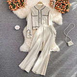 New Women Knitted Outfits Long Sleeved Casual Sweater Coat Tops + Wide-Leg Pants Fashion Tracksuit Two-Piece