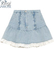 Women's Lace Patchwork Denim Skirt Summer High Waist A-line Skirts Clothes Harajuku Y2k Kawaii 90s Girls Jean Mini Skirts