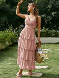 Backless layer ruffle lace up party dress women Summer sexy frills v-neck maxi dresses Spaghetti straps elegant