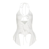 2000s Aesthetics Sexy Ruffles Cut Out White Tank Tops Y2K Fashion Bandage Hollow Out Halter Top Drawstring Clubwear