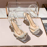 new all-match square head silver rhinestone one-word buckle high-heeled sandals sweet wind stiletto sexy designer