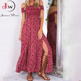 Women Summer Chiffon Long Dress Sexy Slash Neck Strapless Front Split Casual Elegant Floral Print Boho Beach
