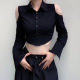 Zingj Pure Wind Women's Lapel Breasted Cardigan Open Shoulder Hollow Chain Temperament With Long Sleeve