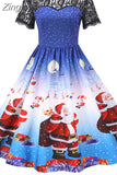 Christmas Costume Party Dress Women Short Sleeve Lace Vintage Winter Dress Robe Elegant Xmas Evening