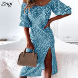 Elegant Summer Women Dress Women Cloth Half Short Puff Sleeve Loose Slim Print Midi Sundress New Fashion Small Floral