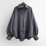 Balck Striped Women Blouses Harajuku Vintage Fake Two-piece Knitted Oversize White Shirt Basic Female Long Sleeve