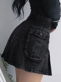 Mall Goth Y2K High Waist Jean Skirts E-girl Aesthetics Black Denim Pleated Skirts with Big Pockets Grunge Punk