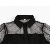 Women Shirt Short Sleeve Lapel Collar Black Buttons Mesh Fabric Patchwork Blouse Party Elegant Ladies Tops Camisas