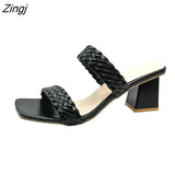 New Fashion Summer Women Sandals Ladies Shallow Mouth Colorblock High Thick Shoes Middle Heel Ladies Slippers Plus