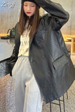 Autumn Oversized Shiny Purple Crocodile Pattern Faux Leather Blazer Women Long Sleeve Double Breasted Y2K Jacket