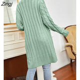 Women Long Cardigan Sweater Jacket 2021 Winter New Solid V-neck Pocket Button Knitwear Vintage Twist Cardigans