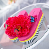 Women Sandals Flowers Slippers Summer Flip Flops Footwear Wedge High Heel Beach Thick Bottom Platform Slides