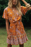 Queens Elegant Women Floral Print Short Sleeve Deep Bow Neck Ruffles Beach Bohemian Dresses Rayon Mini Dress