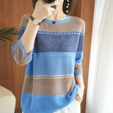 Autumn Classic Striped Print Loose Casual Sweater Women 3/4 Sleeve Hollow Out Knitting Pullover Elegant All-match