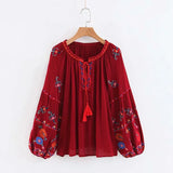 Queens Women Tassel Bohemian Floral Embroidery Beach Cotton Blouse Shirt Long Sleeve Loose Boho Shirts