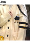 and Winter College Style Letter Embroidery V-neck Cardigan Sweater Women Korean Version Loose All-match Knitted