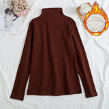 Plus Velvet Long Sleeve Women T Shirt Pullover Bottoming Tops Solid Sweater Slim Autumn Winter Mock Neck Basic