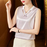 Summer V Neck Solid Youth Shirt Fashion Sleeveless Satin Blouse for Woman Loose Casual Silk Top Blusas Elegant