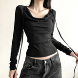 Solid Collar Neck Tie Long Sleeve Knitted TeeOutfit