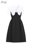 Patchwork Peter Pan Collar Women Dress Puff Sleeve Korean Tunic Dresses A-line High Waist Vestidos Office Ladies