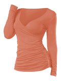Women Black Ruched Plunging Long Sleeve T Shirt Autumn Spring V Neck Casual Solid Female Tops Tees