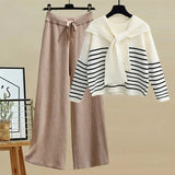 Winter Knitwear Two Piece Sets For Women Outfits Korean Casual Striped Knitted Sweater And Wide Leg Knitting Pants