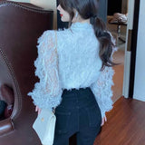 V-neck Hollow Lace Bottoming Shirt Korean Fashion Long Sleeve Elegant Blouse Slim Vintage Shirt Women Tops Blusas