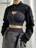 Punk Style Super Cropped Jacket Zip Up Pocket Patchwork Cargo Jackets Women Outfits Streetwear Black Coat Korean