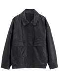 Spring Autumn Cool Retro Casual Oversized Black Waterproof Soft Faux Leather Jackets for Women Zipper Elastic Waist